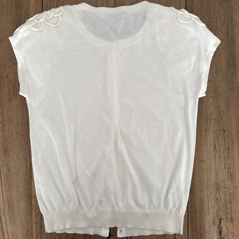 Ann Taylor Ivory Cotton Silk Cardigan Short Sleeve Beaded Appliqué Size Medium - Picture 2 of 16